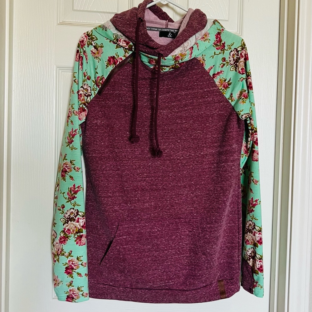 Ampersand Ave. double hooded sweatshirt- Maroon Floral